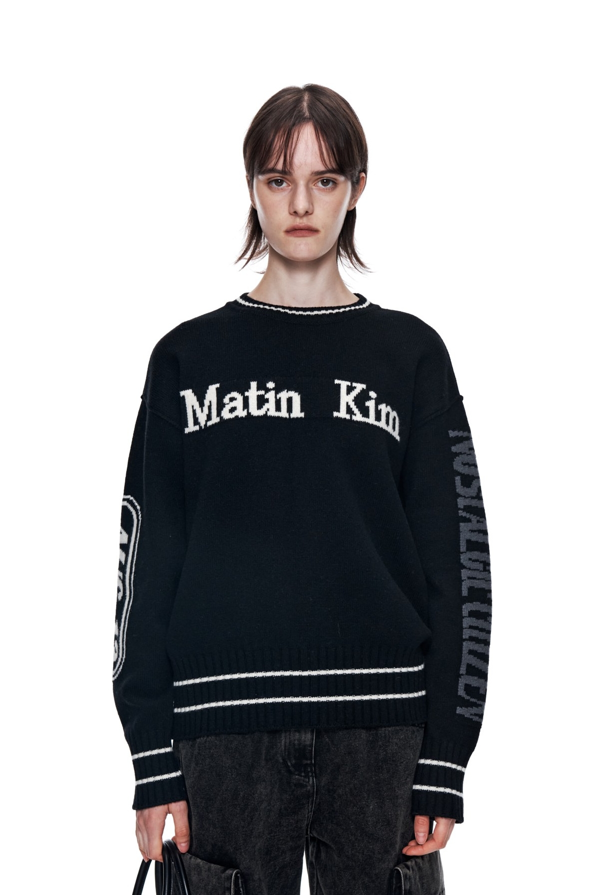 ★MATIN KIM ★MATIN SLEEVE LINE KNIT PULLOVER Matin Kim Sleeve Lettering Knit Pullover In Black | Crewneck