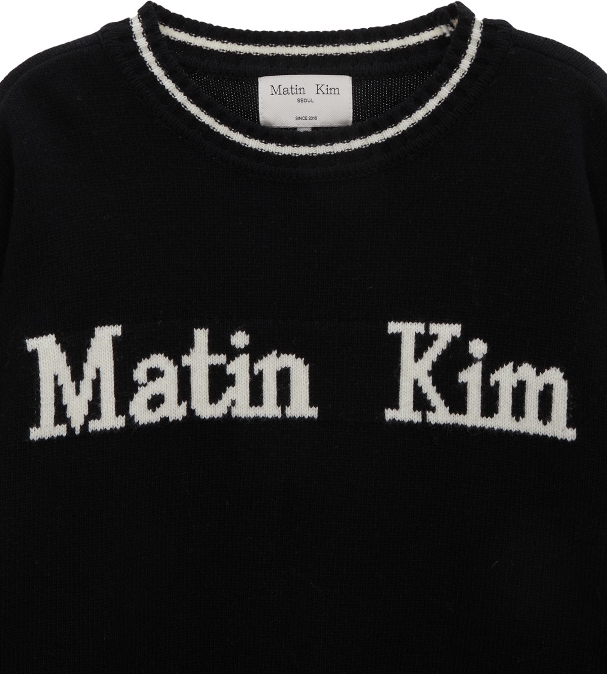 ★MATIN KIM ★MATIN SLEEVE LINE KNIT PULLOVER Matin Kim Sleeve Lettering Knit Pullover In Black | Crewneck
