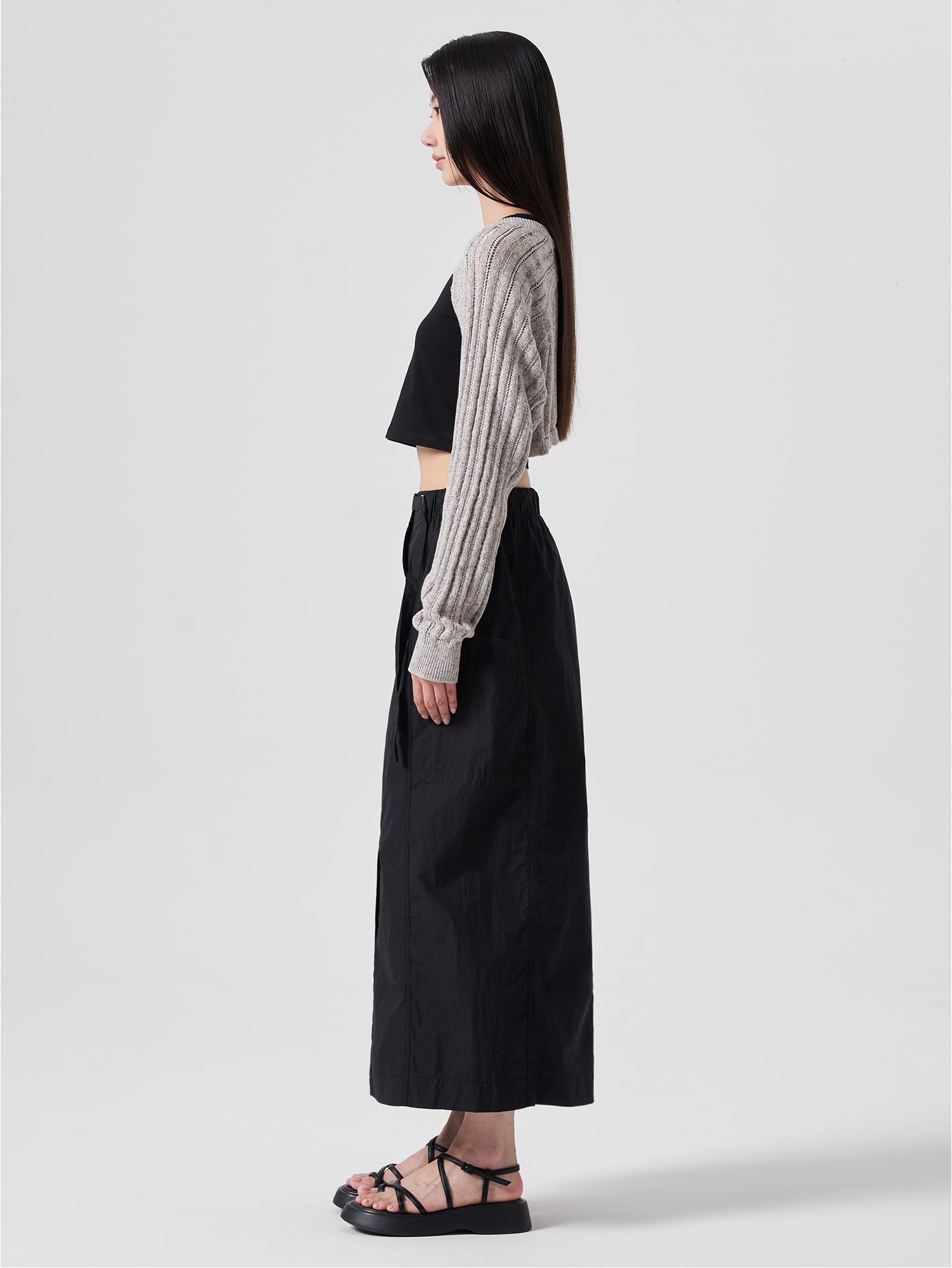 【INCHANT ME】Pocket nylon long skirt 8seconds Cotton Nylon Pocket Long Skirt Black | A-Line for