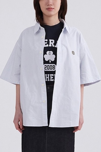★COVERNAT★ Whale Logo Stripe Half Shirt Navy Covernat Unisex Whale Logo Stripes Half Shirt Light Blue