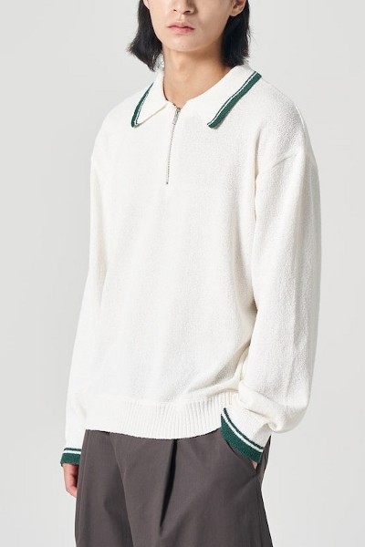 ポロシャツ COVERNAT Cool Cable Collar Half Knit Green Covernat Unisex Cool Cable Collar Half Knit Navy | Collared