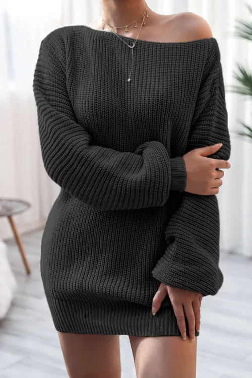 KAC Women's Straight Neck Casual Loose Knit Wool Dress - Black