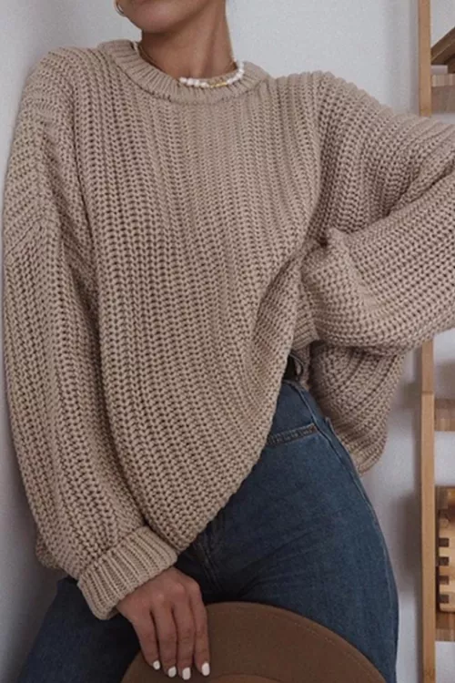 KAC Women’s Loose Fit Pullover Staple Scoop Neck Knit Design Sweater - Khaki