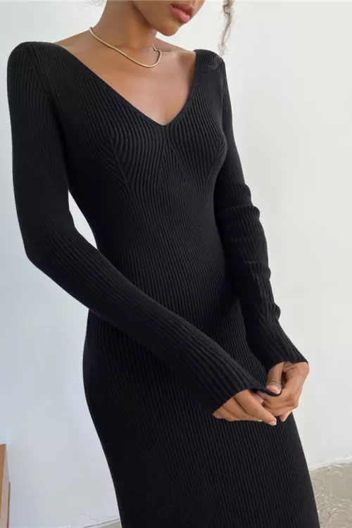 KAC Slim Long-sleeved Knitted Women's Bottoming Fashion All-match Dress - Black