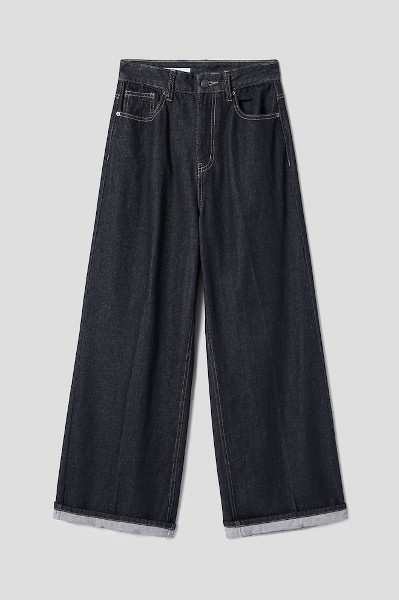 【U LAN】high key side tuck wide half pants 8seconds Two Tucks Crease Wide Denim Pants Navy | Wide for