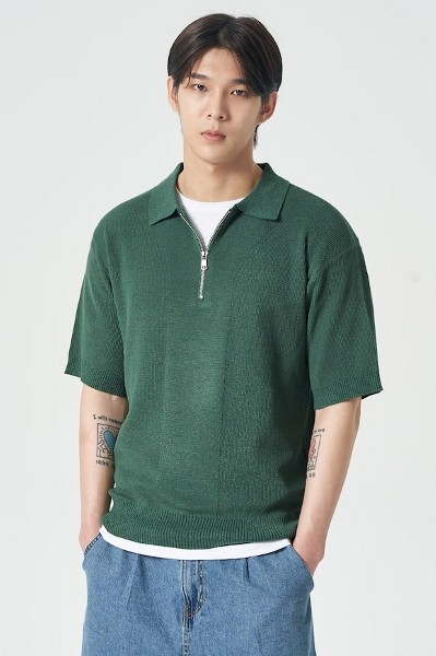 ポロシャツ COVERNAT Cool Cable Collar Half Knit Green Covernat Unisex Cool Cable Collar Half Knit Navy | Collared