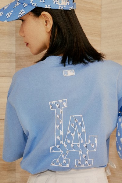 MLB Korea Unisex Classic Monogram Front Pattern Short Sleeve Tee Shirt La Dodgers Cobalt Blue