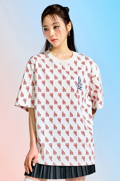 MLB Korea Unisex Classic Monogram Front Pattern Short Sleeve Tee Shirt La Dodgers Cobalt Blue