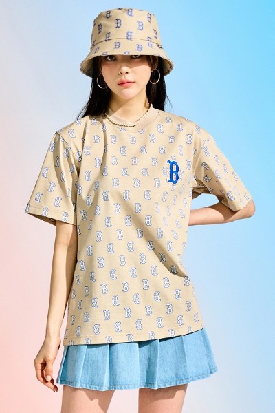 MLB Korea Classic Monogram Front Pattern Collar Tee Shirt Boston Redsox Beige