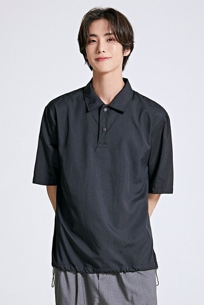 Covernat Unisex Seersucker Zipup Collar Tee Shirt Navy