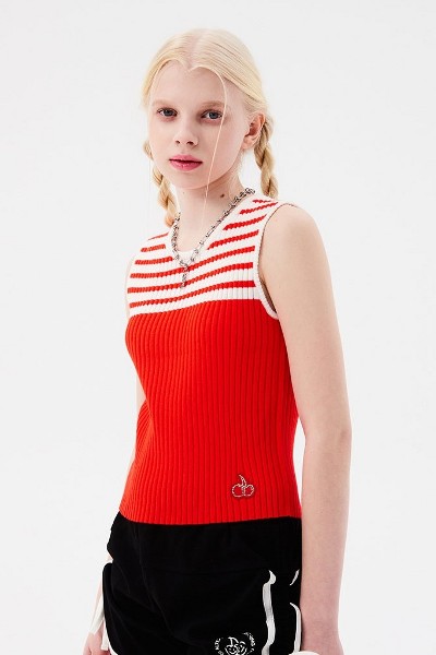 Small Cherry Stripes Knit Vest Red
