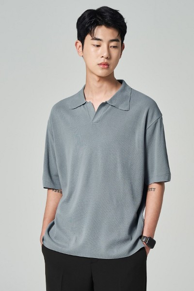Covernat Unisex Seersucker Zipup Collar Tee Shirt Black