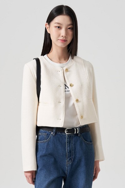 ★G-CUT★ Out Pocket No Collar Tweed Jacket _ Ivory 72551101 Christie Jacket – Cinq à Sept