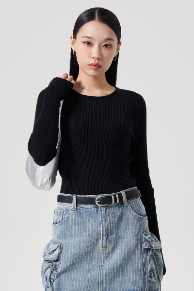 Matin Kim Braid Texture Knit Pullover In Black | Crewneck