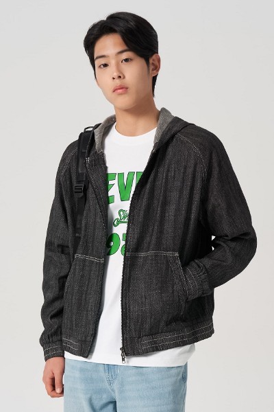 [WOOALONG]★Non-fade curve stitch denim jacket 우알롱 데님