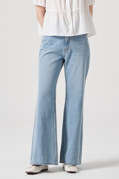 【BAON】Yoiku cut banding brushed wide denim pants 8seconds Long Boot Cut Light Weight Denim Pants Sky Blue