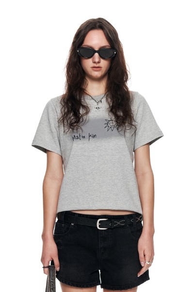 Matin Kim Sun Embroidery Graphic Top In Grey | Basic Tees