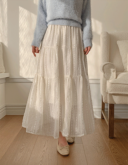 【Raucohouse】Camille banding long skirt Ruched Waist Lace Trim Tiered Maxi Skirt - FINAL SALE