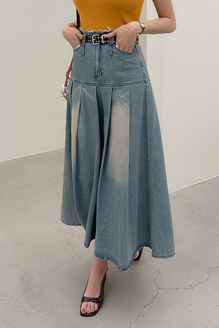 [ KIRSH ]★CHERRY SIDE POINT DENIM SKIRT KIRSH Cherry Pleats Denim Skirt Dark Blue | Denim for Women